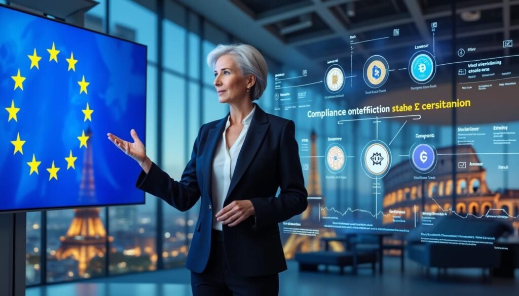 christine lagarde insiste sur l'importance pour les stablecoins internationaux de se conformer aux réglementations européennes afin de pouvoir opérer en europe, soulignant ainsi la priorité donnée à la sécurité et à la transparence dans le secteur financier.