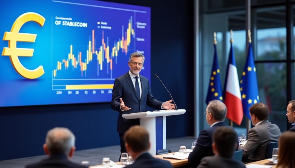 le gouverneur de la banque de france encourage les banques européennes à s'intéresser aux stablecoins libellés en euros, afin de renforcer la souveraineté financière de l'europe, plutôt que de privilégier uniquement les devises en dollars.